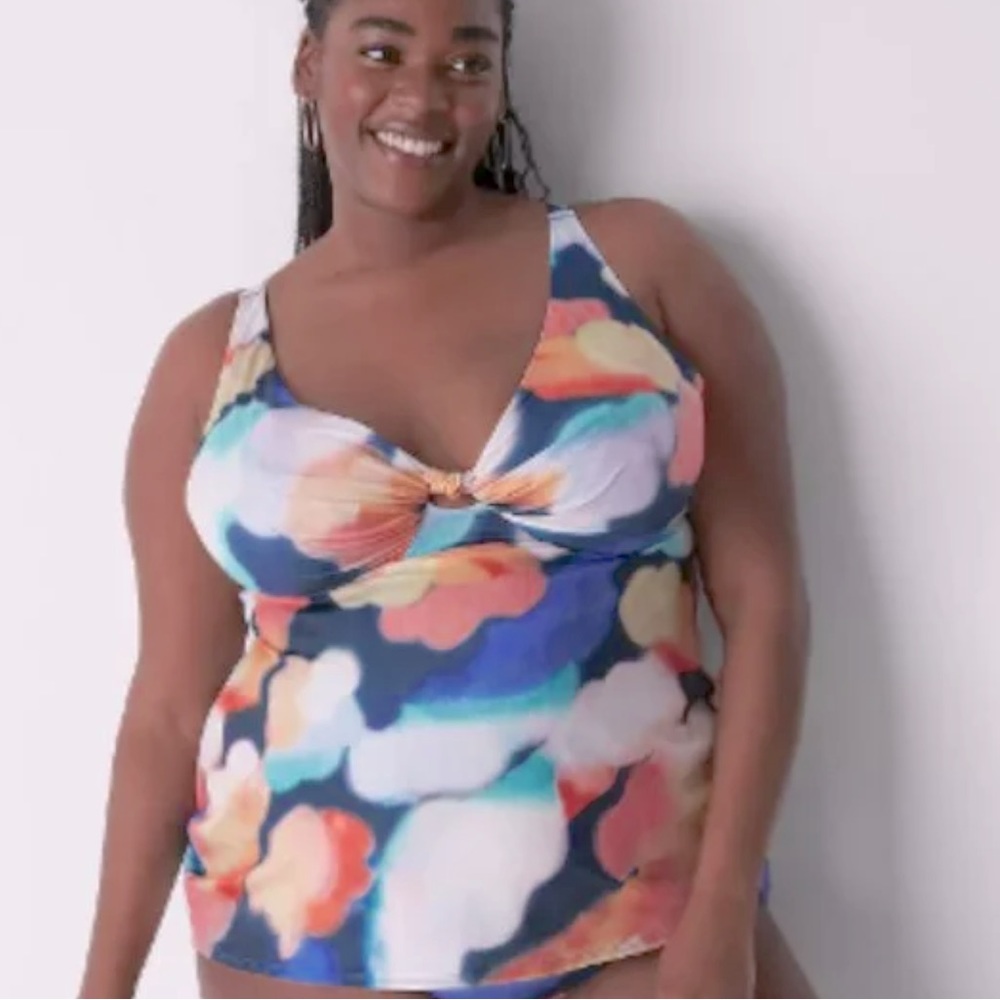 New Lane Bryant Watercolor Blue Summer No Wire Tankini 42DD Cacique Swim